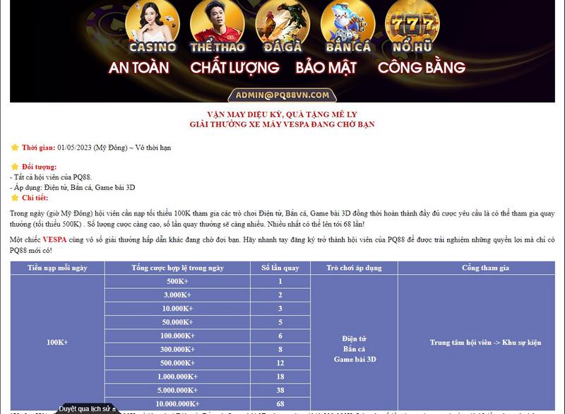 Chương trình khuyến mãi PQ88 cực HOT thưởng khủng 4 Nhận Xe Máy Vespa Trong Chương Trình Khuyến Mãi Pq88
